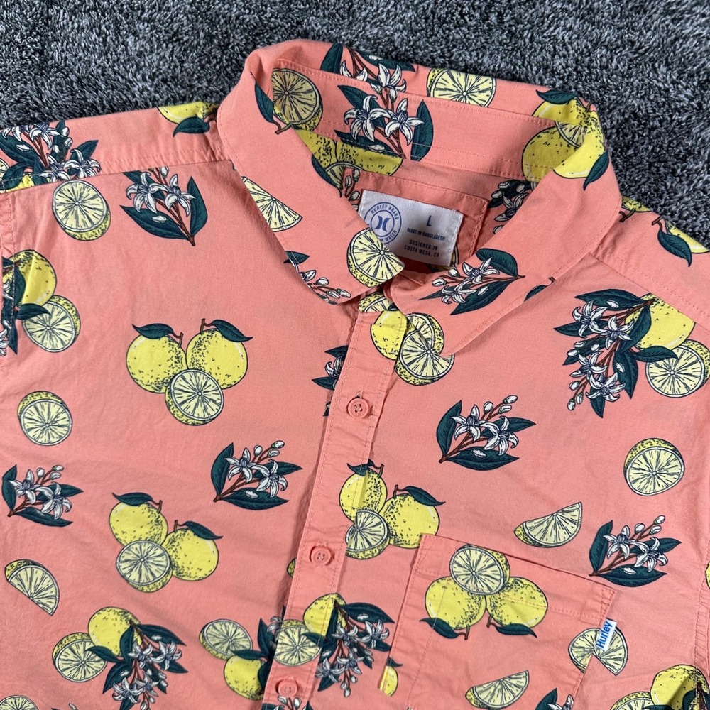 Hurley Shirt Mens Large Coral Lemon Citrus Print Short Slv Button Down Stretch